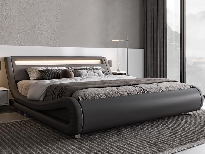 Modern LED Storage Bed Frame with Adjustable Headboard