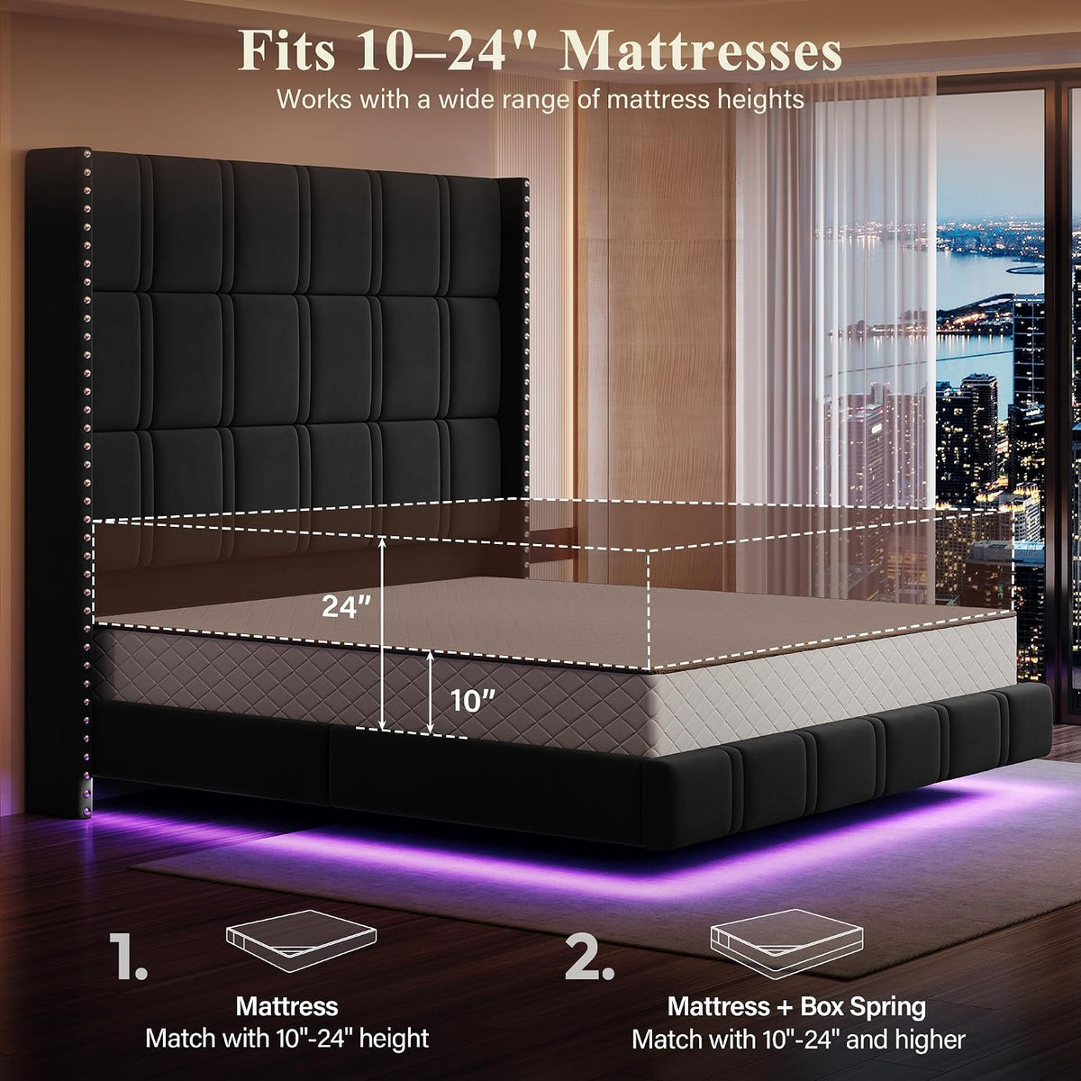 Grand Luxe Floating Wingback Bed with 72" Headboard & LED Lighting