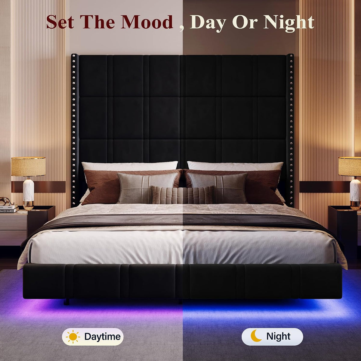 Grand Luxe Floating Wingback Bed with 72" Headboard & LED Lighting