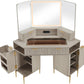 Modern Fluted Corner Vanity Desk with LED Tri-Fold Mirror