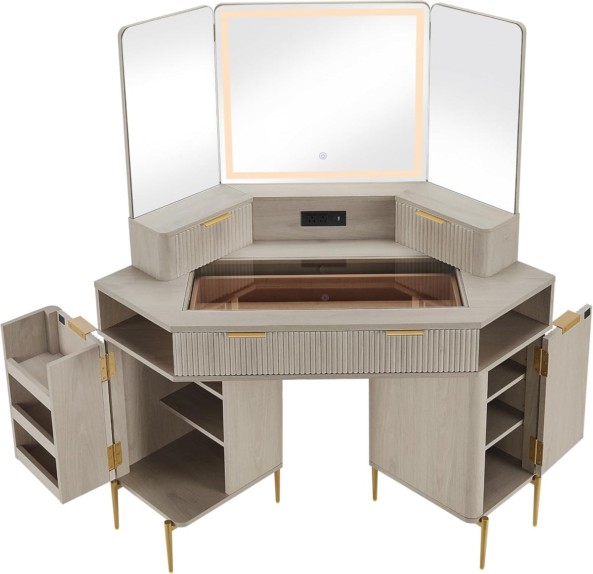 Modern Fluted Corner Vanity Desk with LED Tri-Fold Mirror