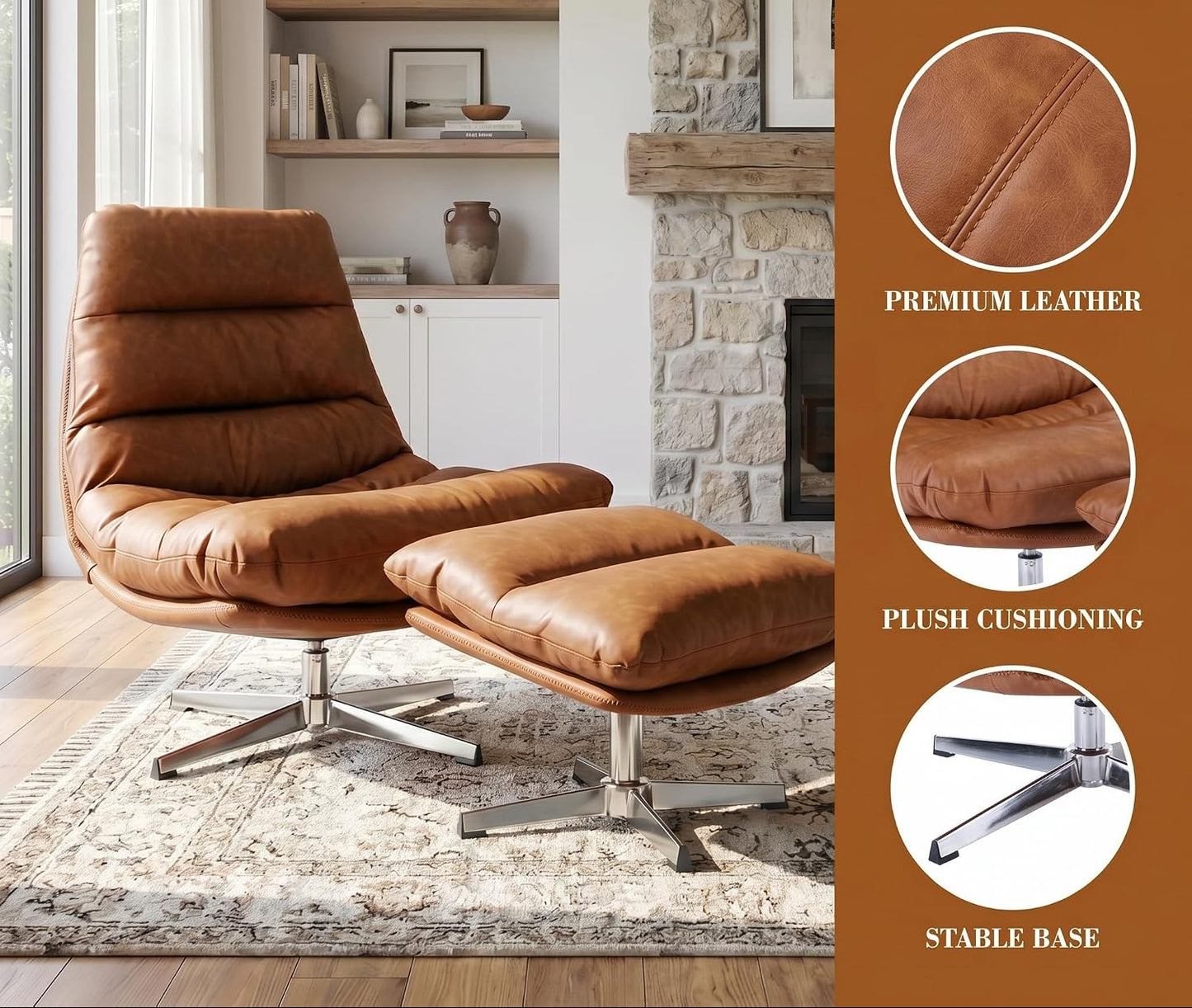 Mid-Century Modern Leather Recliner with Ottoman