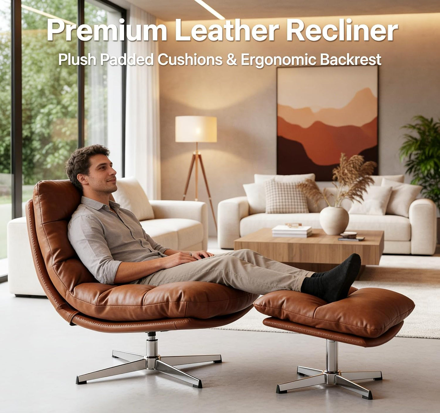 Mid-Century Modern Leather Recliner with Ottoman