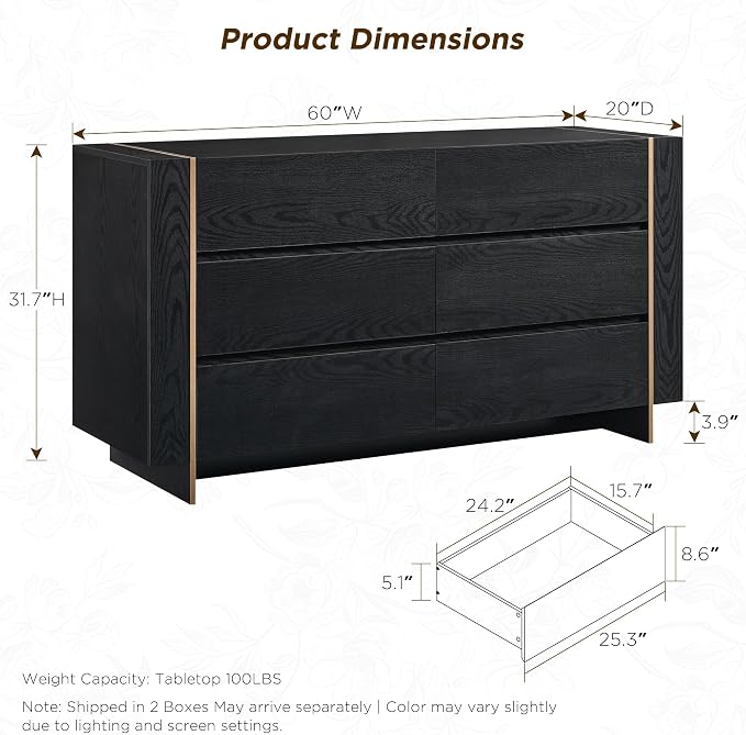 Modern Architectural Wood Dresser with Gold-Capped Feet