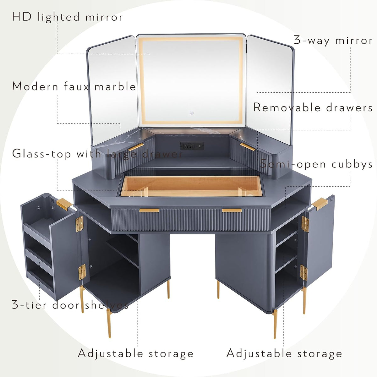 Modern Fluted Corner Vanity Desk with LED Tri-Fold Mirror