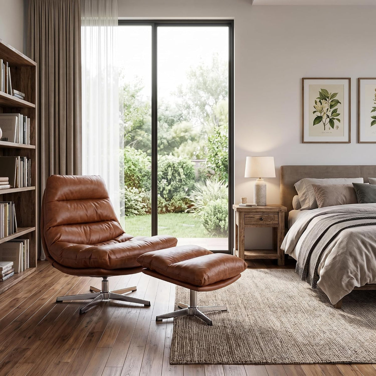 Mid-Century Modern Leather Recliner with Ottoman