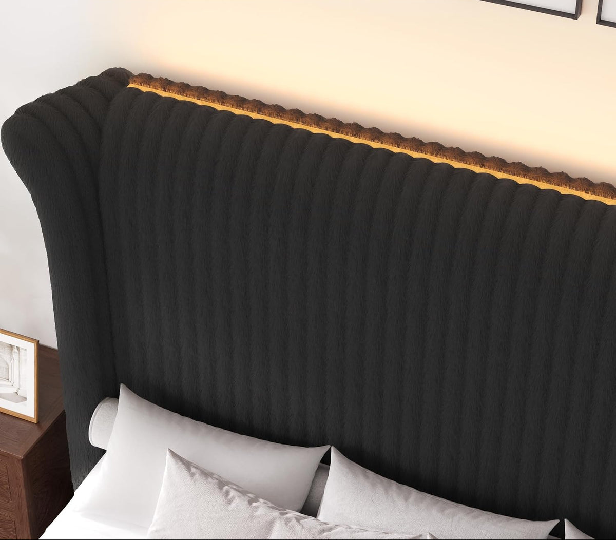 Royal Luxe Faux Fur Wingback Bed with RGB LED Lighting