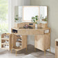 Modern Fluted Corner Vanity Desk with LED Tri-Fold Mirror