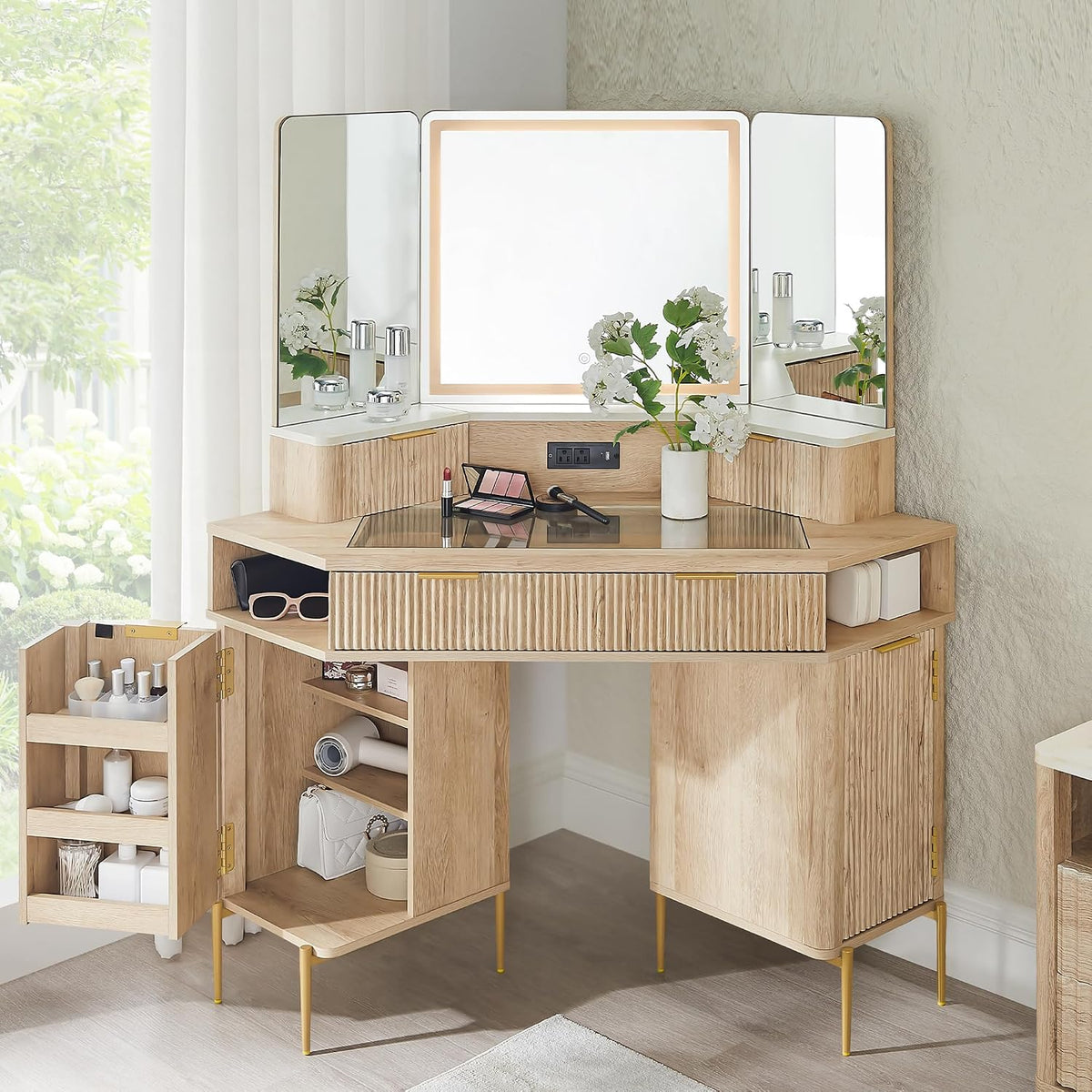 Modern Fluted Corner Vanity Desk with LED Tri-Fold Mirror