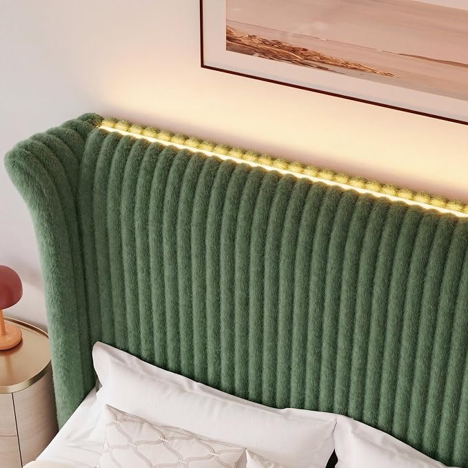 Royal Luxe Faux Fur Wingback Bed with RGB LED Lighting