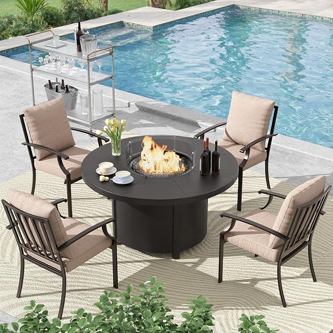 EmberGlow Patio Dining Set with Fire Pit Table