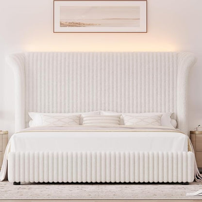 Royal Luxe Faux Fur Wingback Bed with RGB LED Lighting