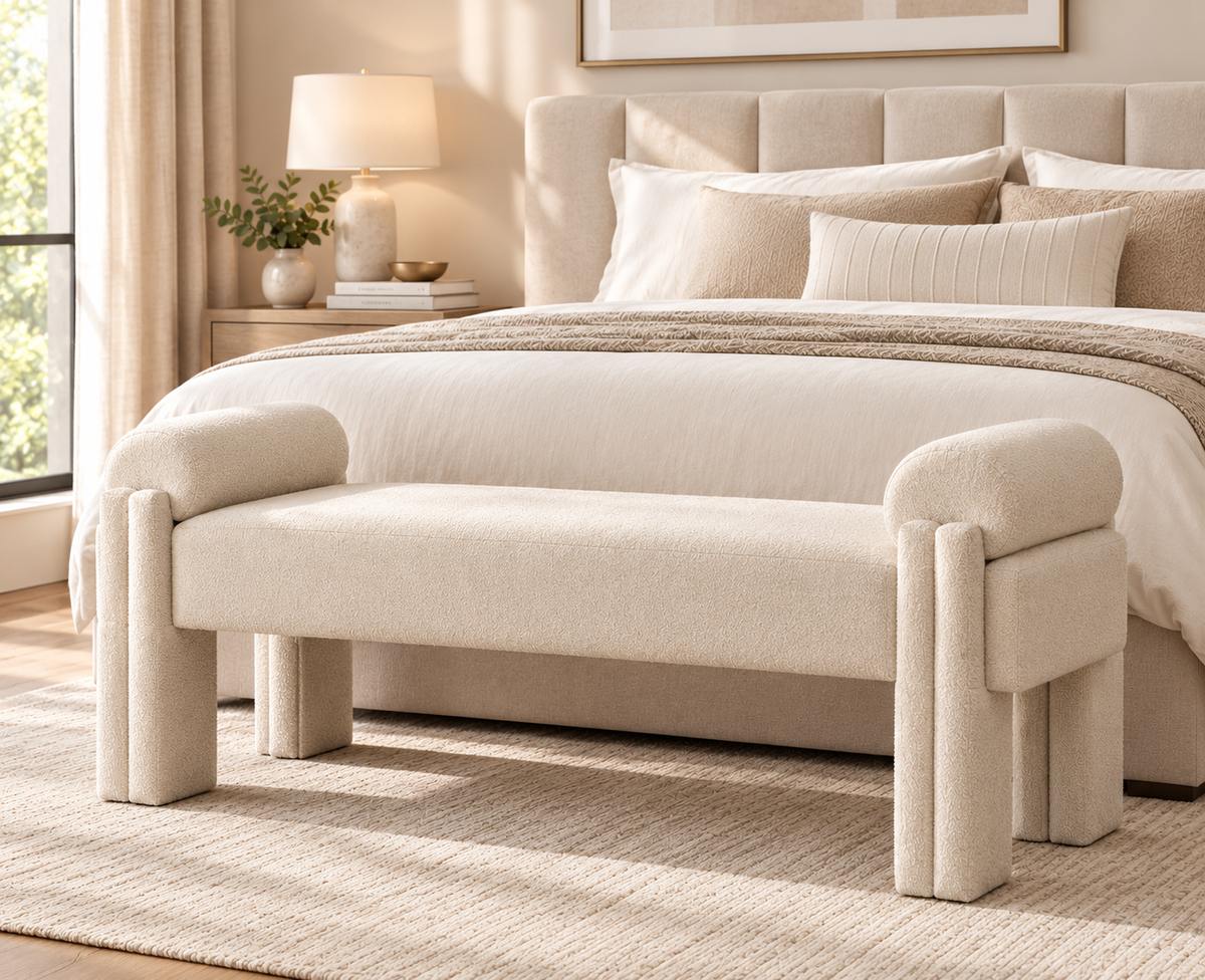 Modern Cylindrical Upholstered Linen Bench