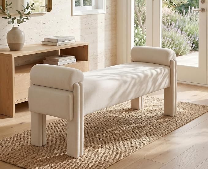 Modern Cylindrical Upholstered Linen Bench