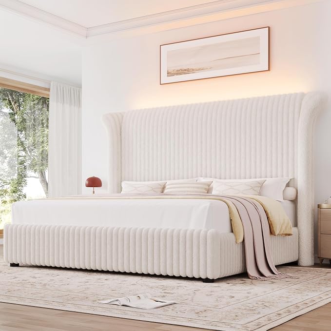 Royal Luxe Faux Fur Wingback Bed with RGB LED Lighting