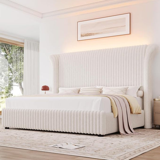 Royal Luxe Faux Fur Wingback Bed with RGB LED Lighting