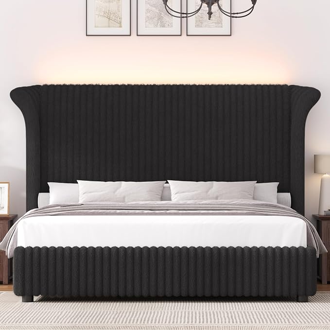 Royal Luxe Faux Fur Wingback Bed with RGB LED Lighting