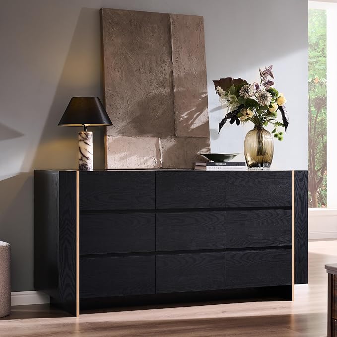 Modern Architectural Wood Dresser with Gold-Capped Feet