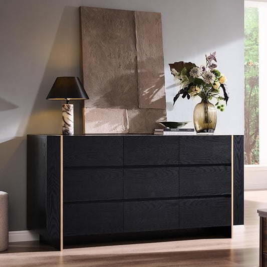Modern Architectural Wood Dresser with Gold-Capped Feet