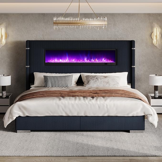 Luxe Corduroy Wingback Bed with Electric Fireplace