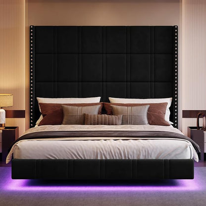 Grand Luxe Floating Wingback Bed with 72" Headboard & LED Lighting