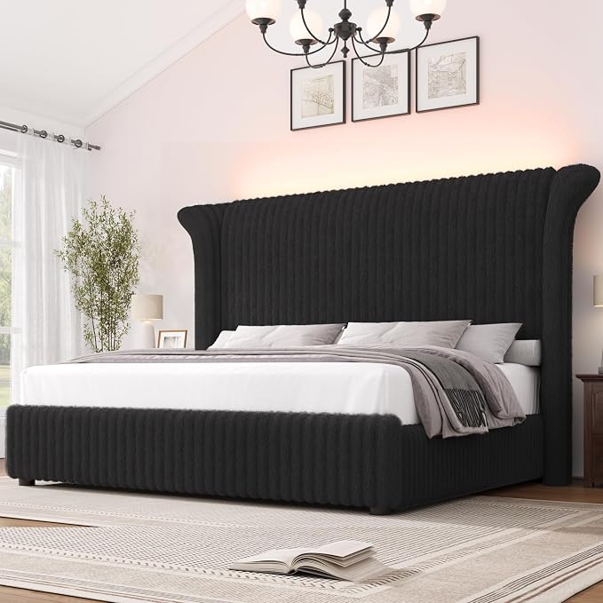 Royal Luxe Faux Fur Wingback Bed with RGB LED Lighting