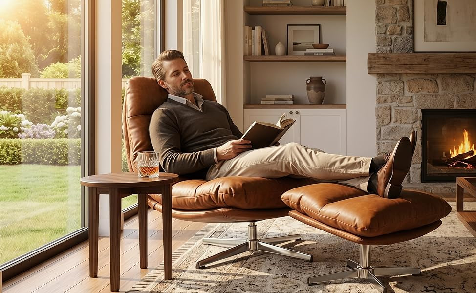 Mid-Century Modern Leather Recliner with Ottoman