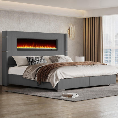 Luxe Corduroy Wingback Bed with Electric Fireplace