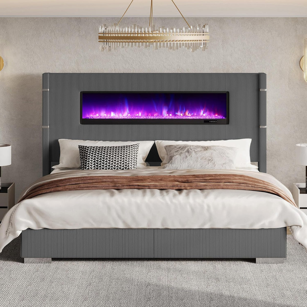Luxe Corduroy Wingback Bed with Electric Fireplace