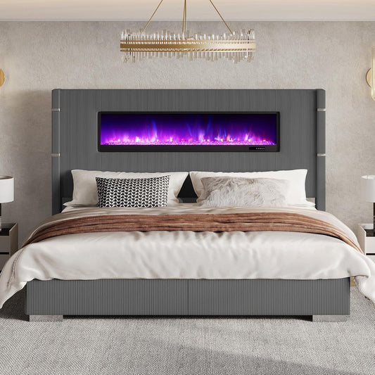 Luxe Corduroy Wingback Bed with Electric Fireplace