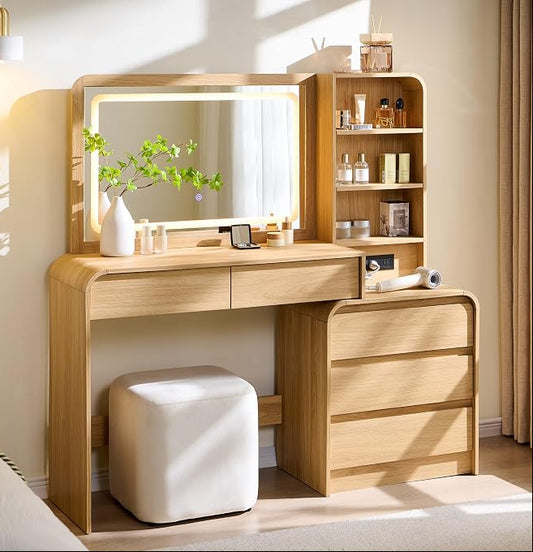 Modern Curved Wood Vanity with Charging Station
