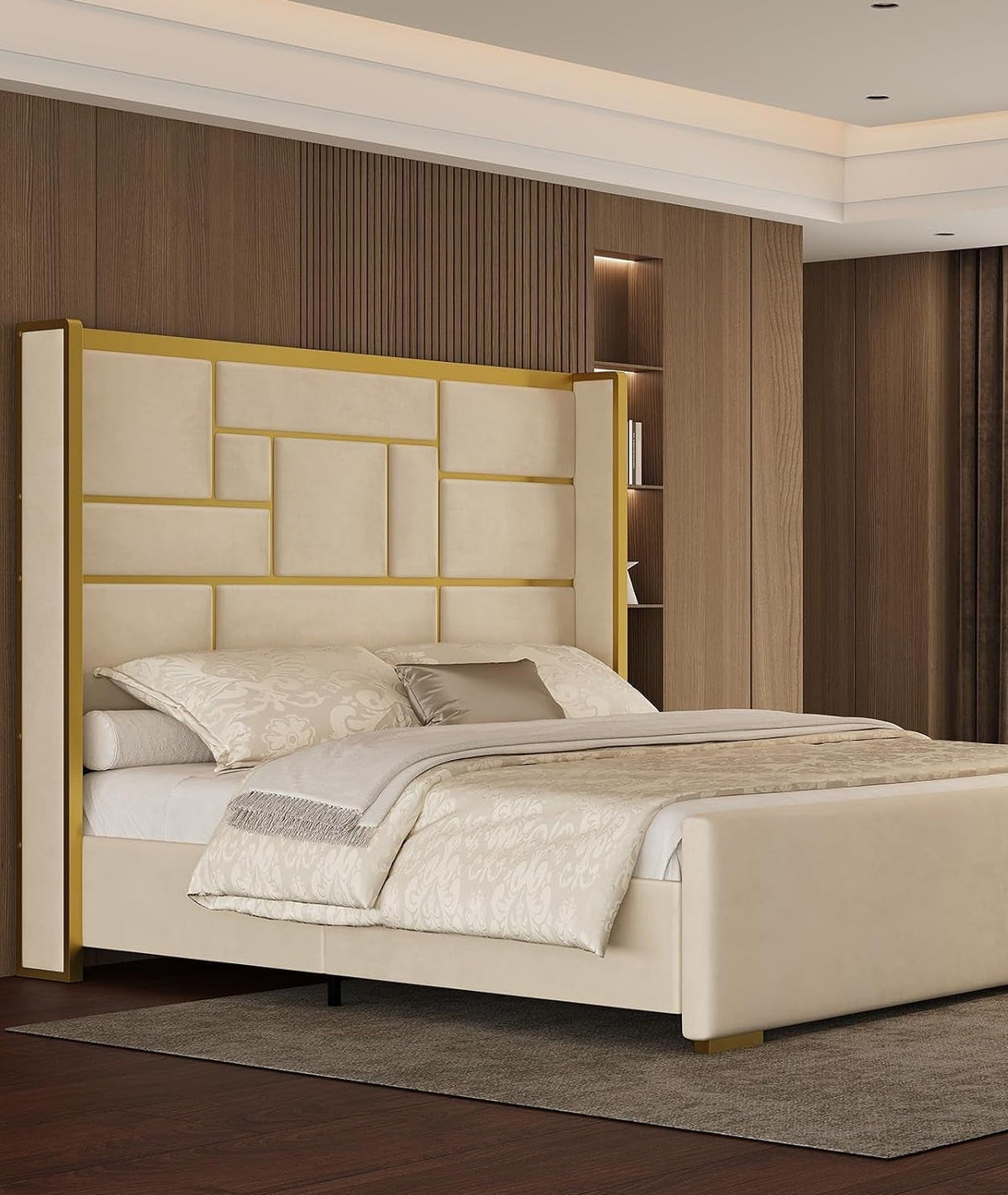 Modern Upholstered Bed with Gold Accents