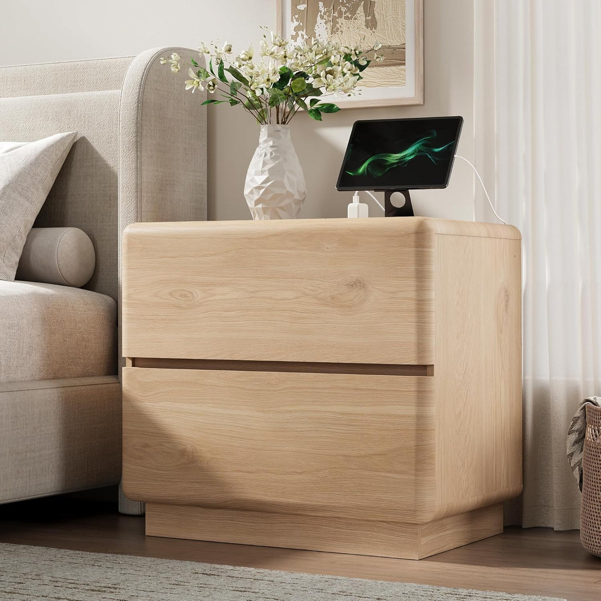 Mid-Century Oak Nightstand with Charging Station