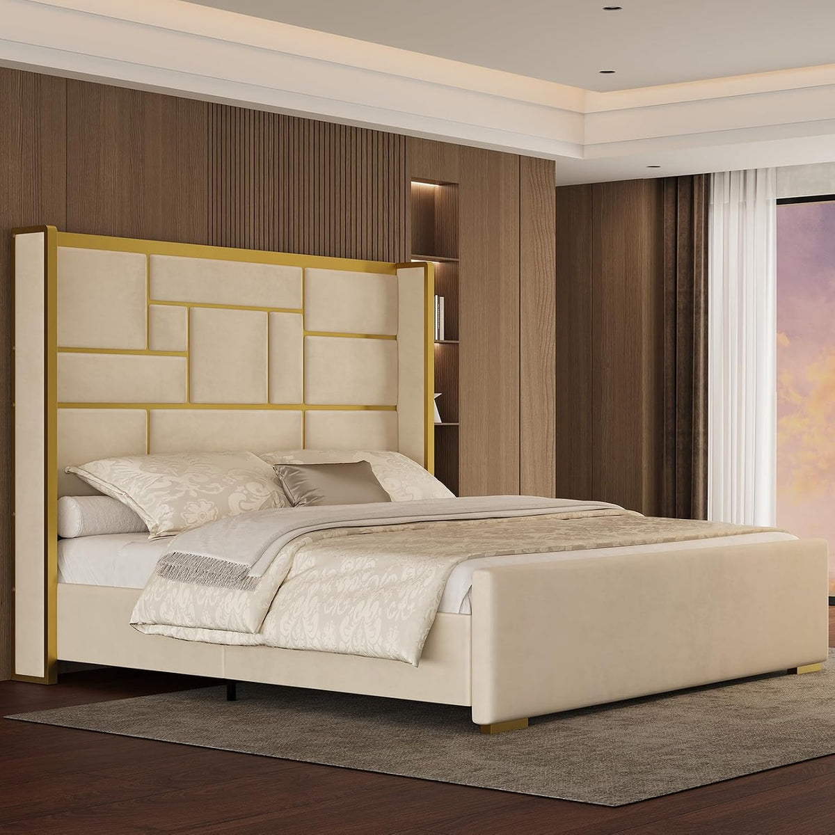 Modern Upholstered Bed with Gold Accents