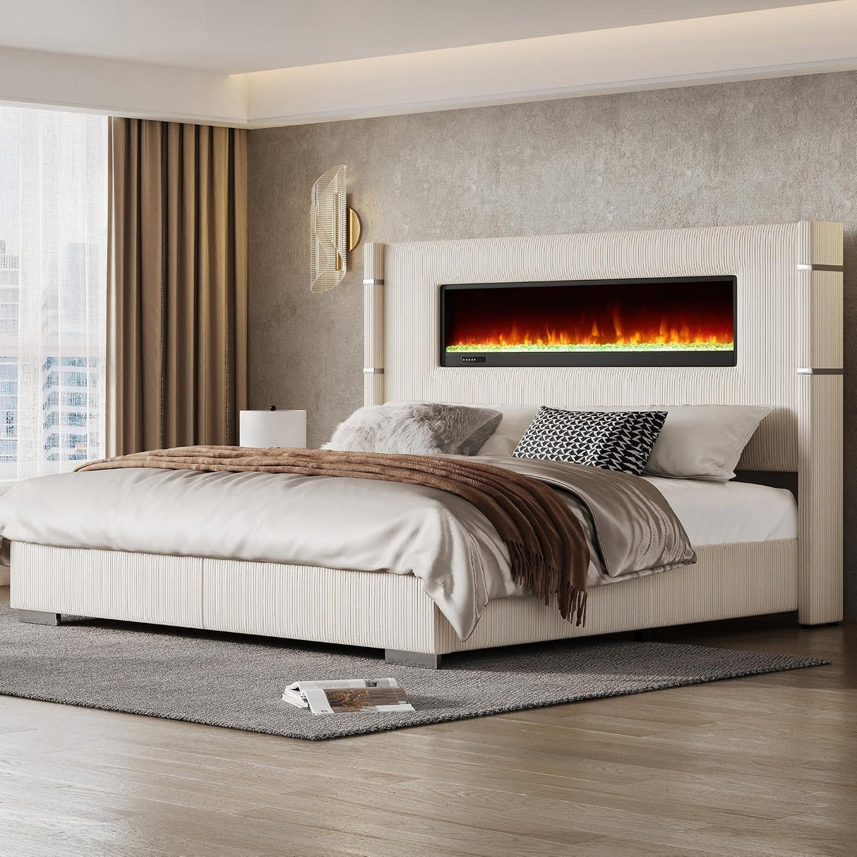 Luxe Corduroy Wingback Bed with Electric Fireplace