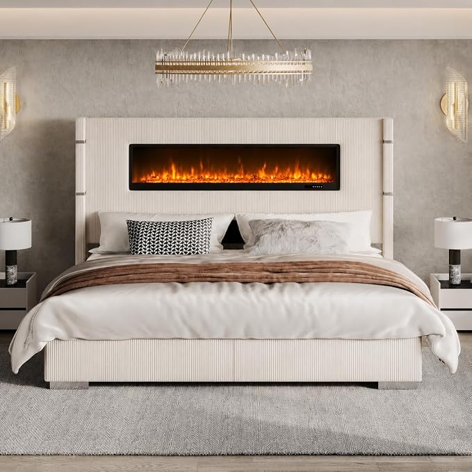 Luxe Corduroy Wingback Bed with Electric Fireplace