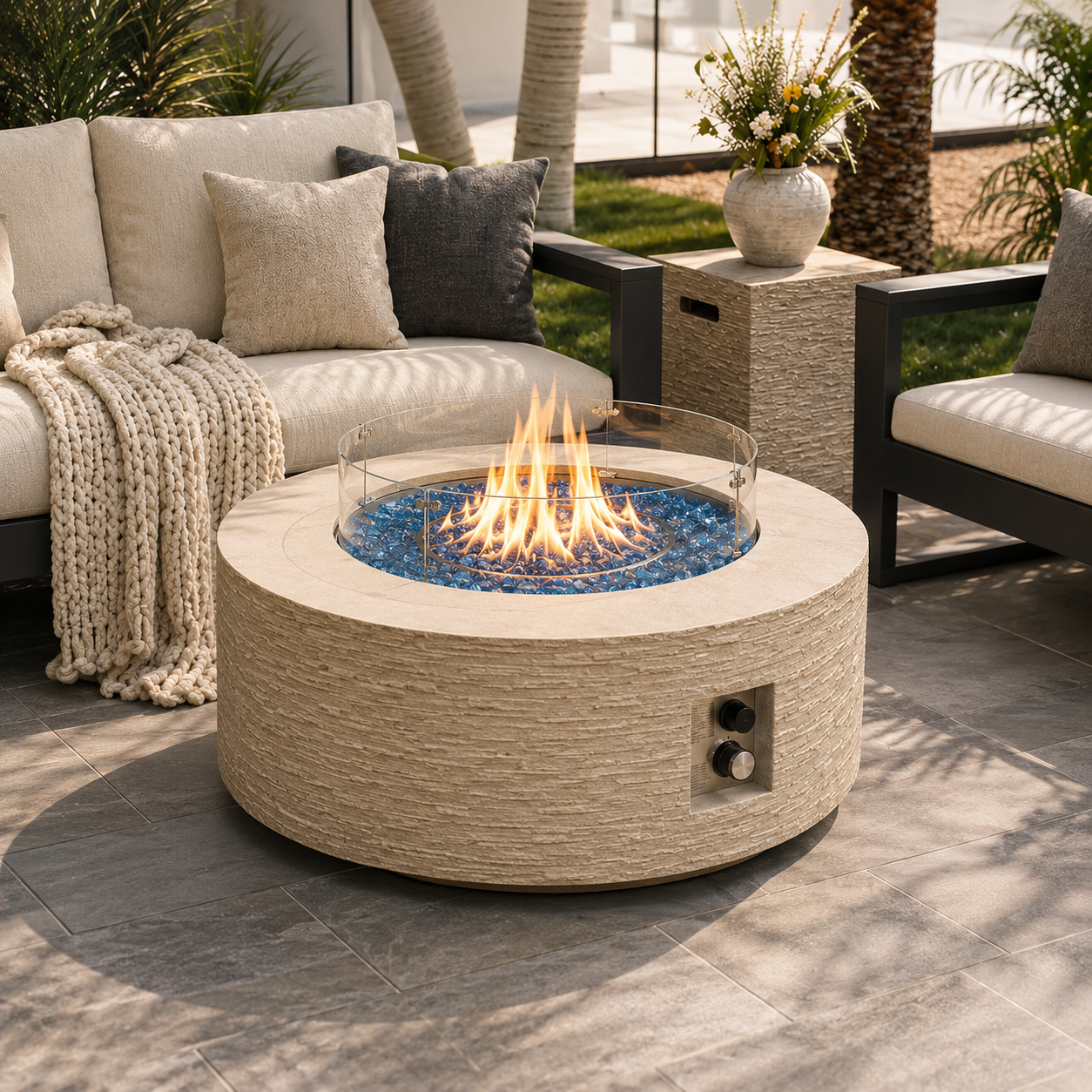 Sandstone Halo Fire Pit Table Set
