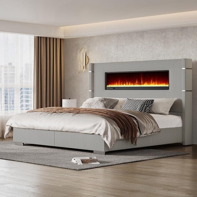 Luxe Corduroy Wingback Bed with Electric Fireplace