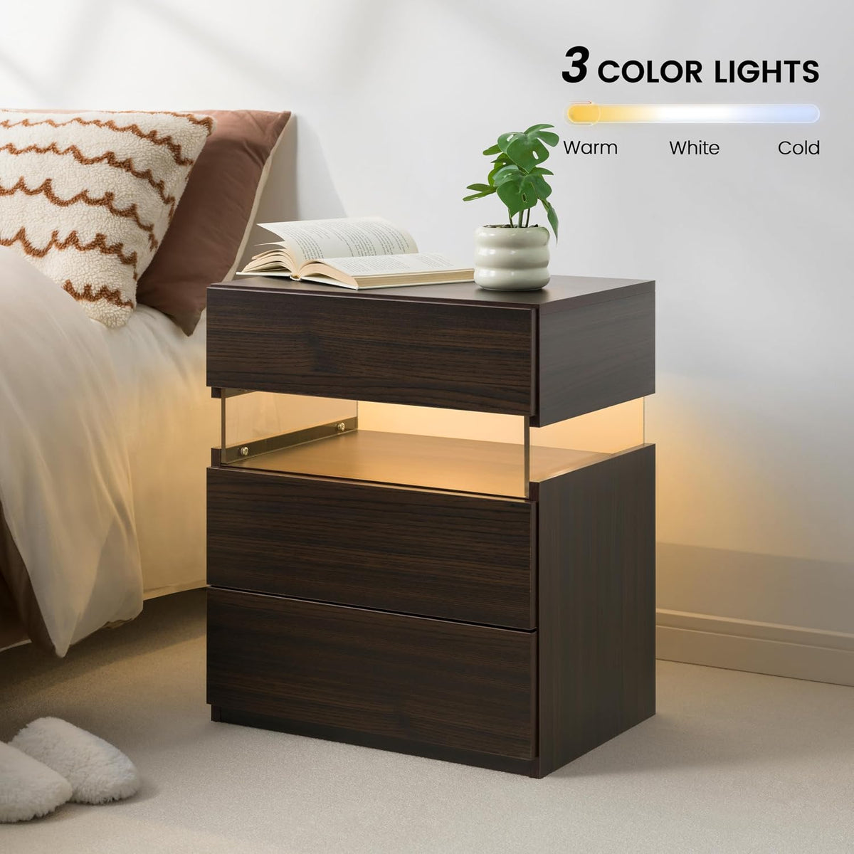 Modern LED 3-Drawer Nightstand